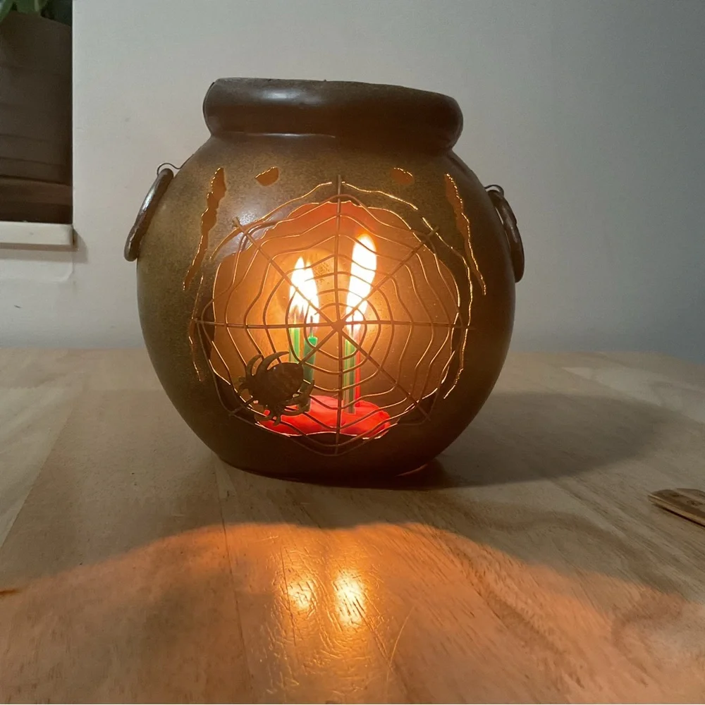 Pink Zebra Rusty Metal Witch Cauldron Spider Web Accent Shade Halloween Decor